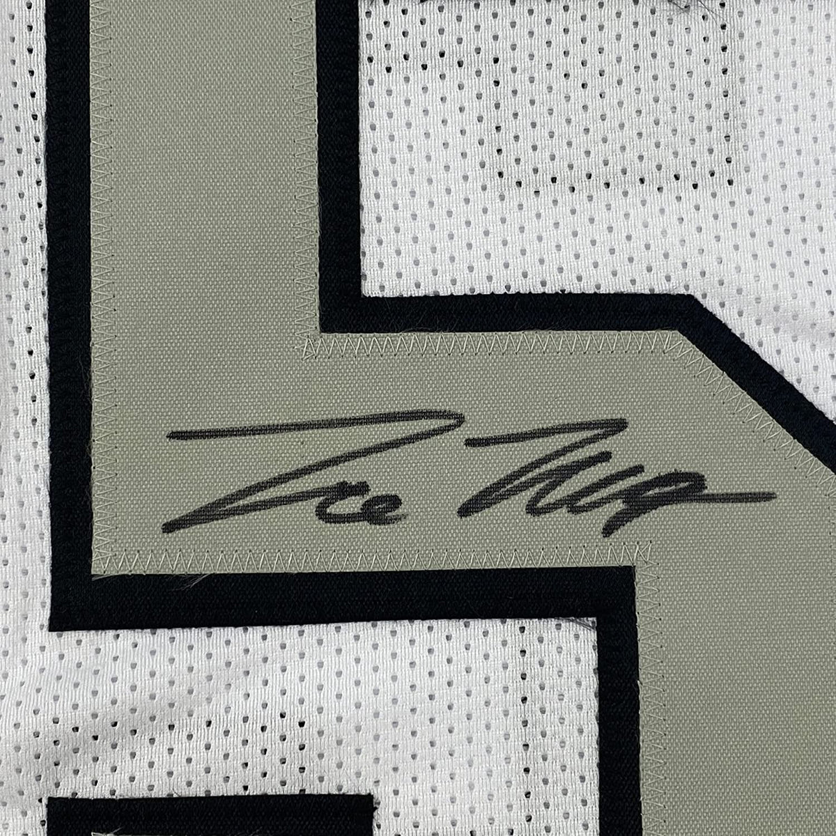 Framed Autographed/Signed Trevon Moehrig 35x39 Las Vegas Oakland White Color Rush Football Jersey JSA COA