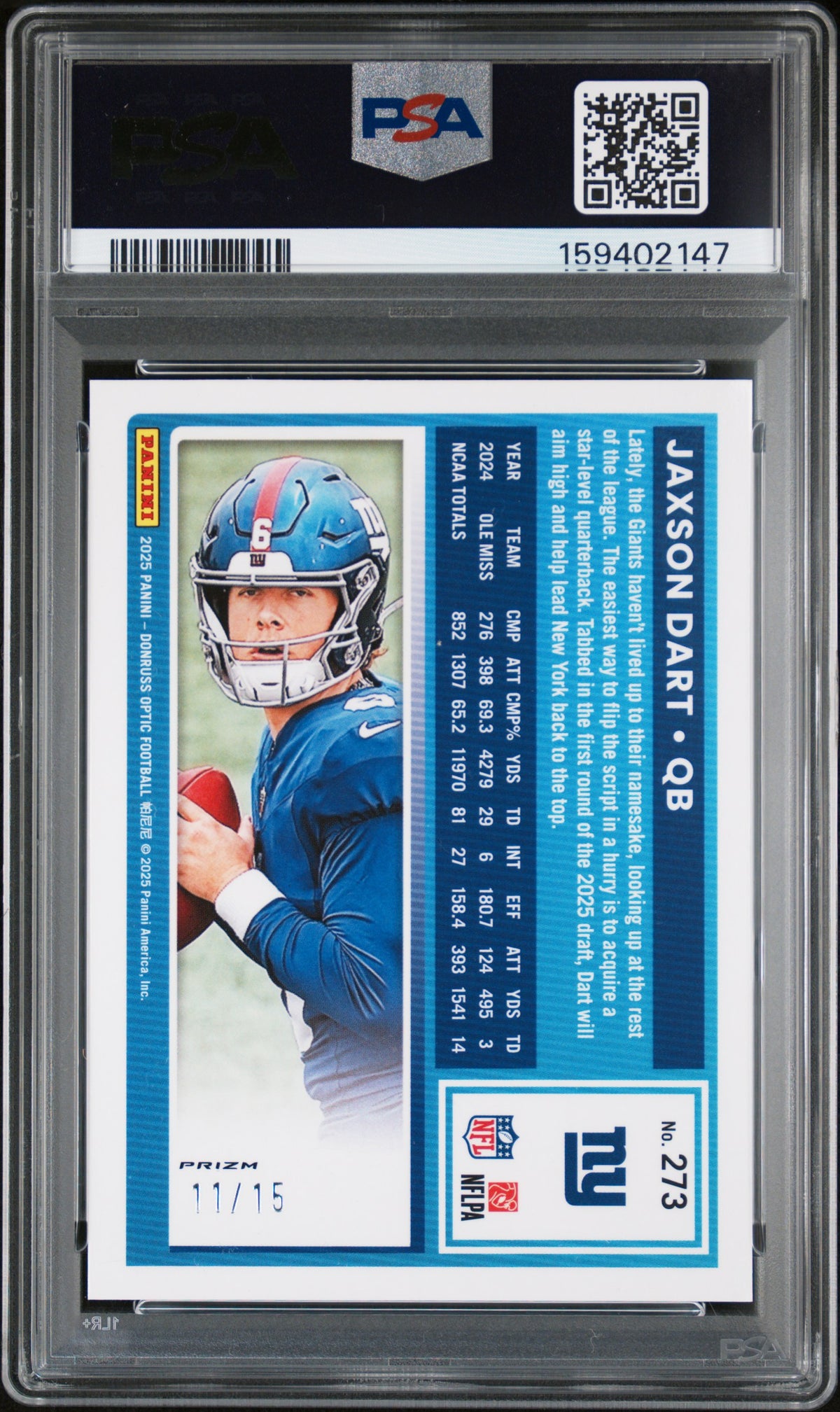 2025 Panini Donruss Optic Ice Jaxson Dart 10 PSA #273