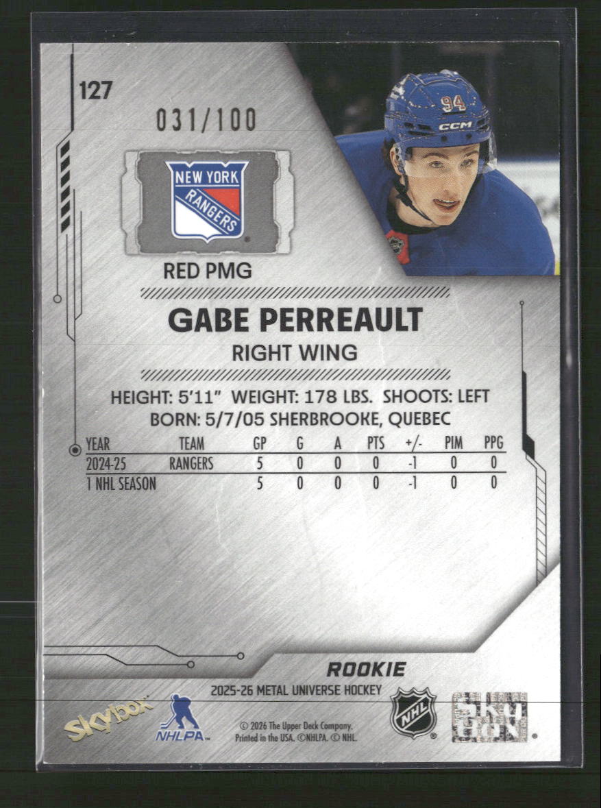 2025-26 SkyBox Metal Universe Precious Metal Gems Red Gabe Perreault #/100 #127