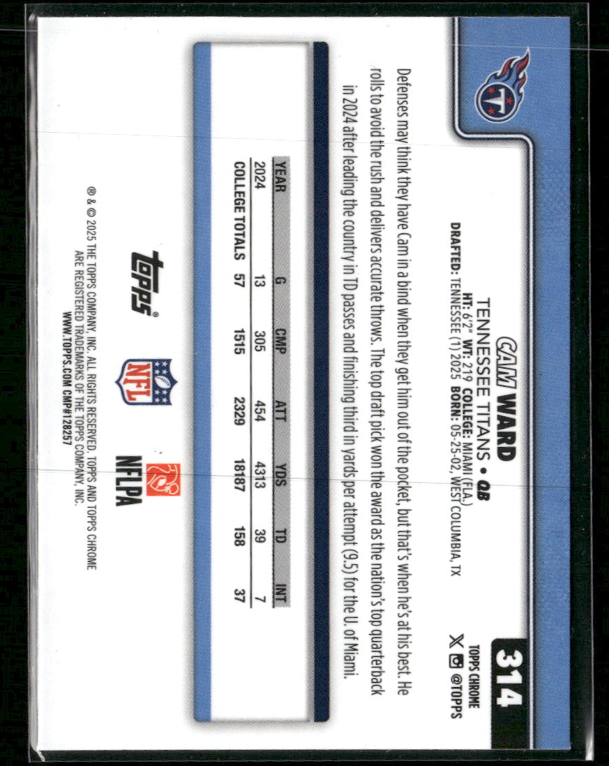 2025 Topps Chrome Hot Pink X-Fractor Cam Ward Rookie #314