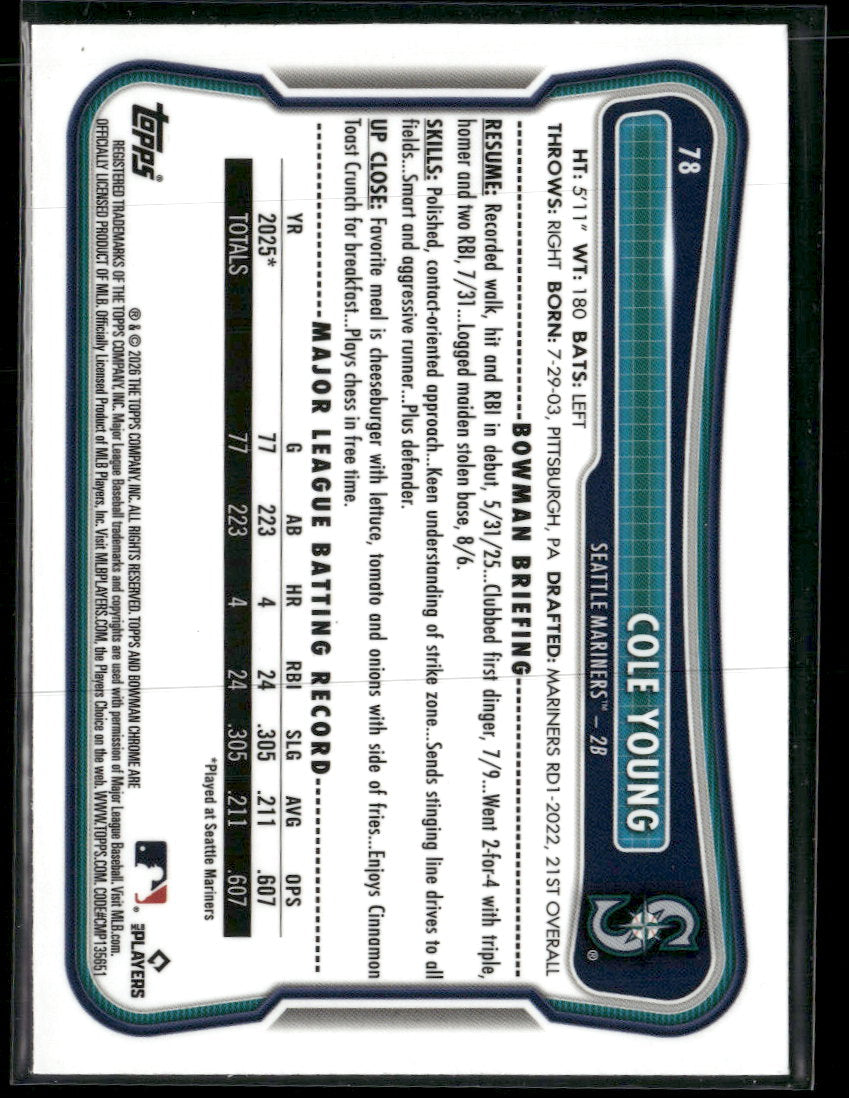 2026 Bowman Chrome Mojo Purple Refractors Cole Young Rookie #/250 #78