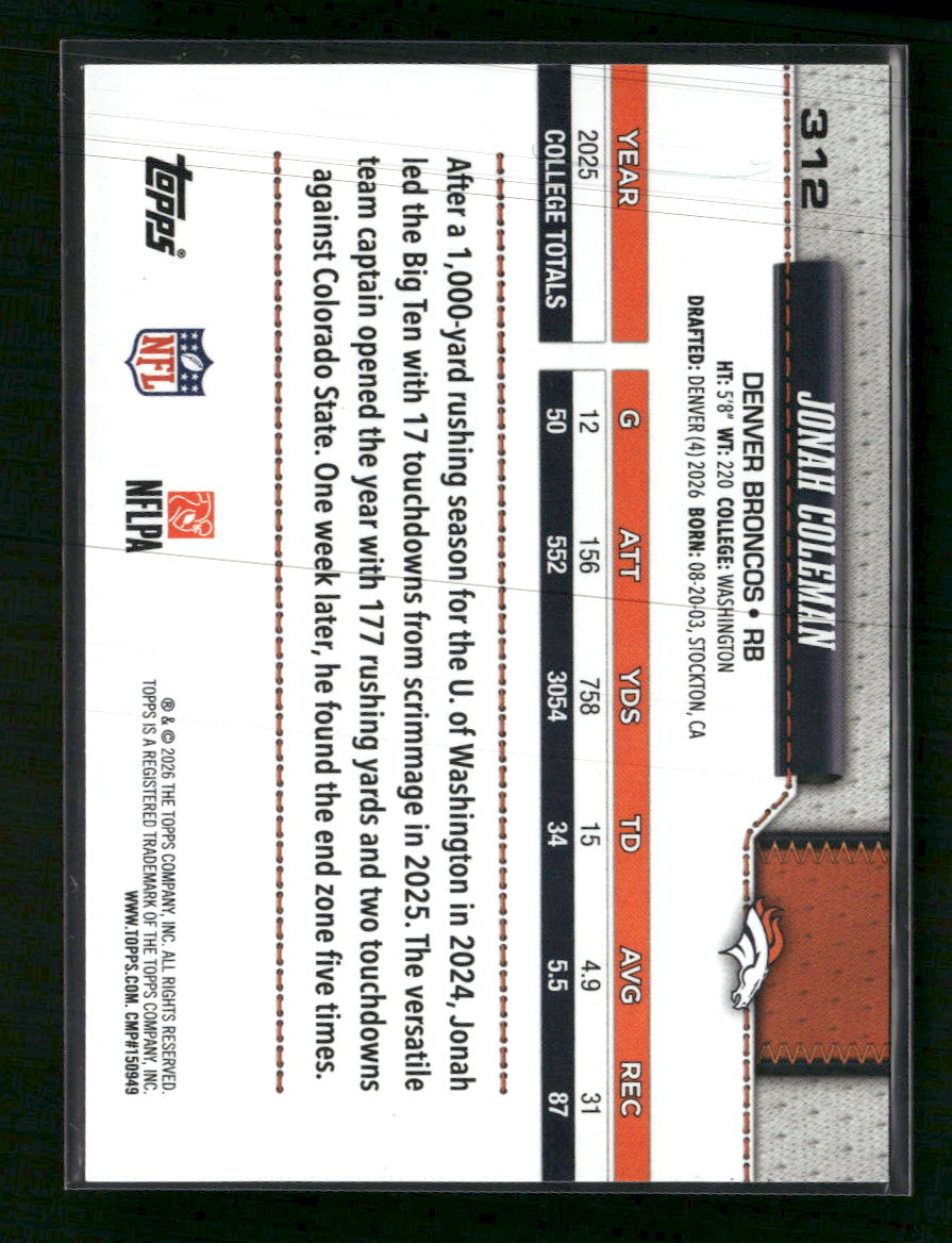 2026 Topps Flagship True Photo Variations Jonah Coleman #312