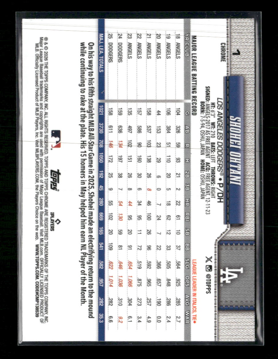 2026 Topps Chrome Baseball Seams Refractors Shohei Ohtani #1