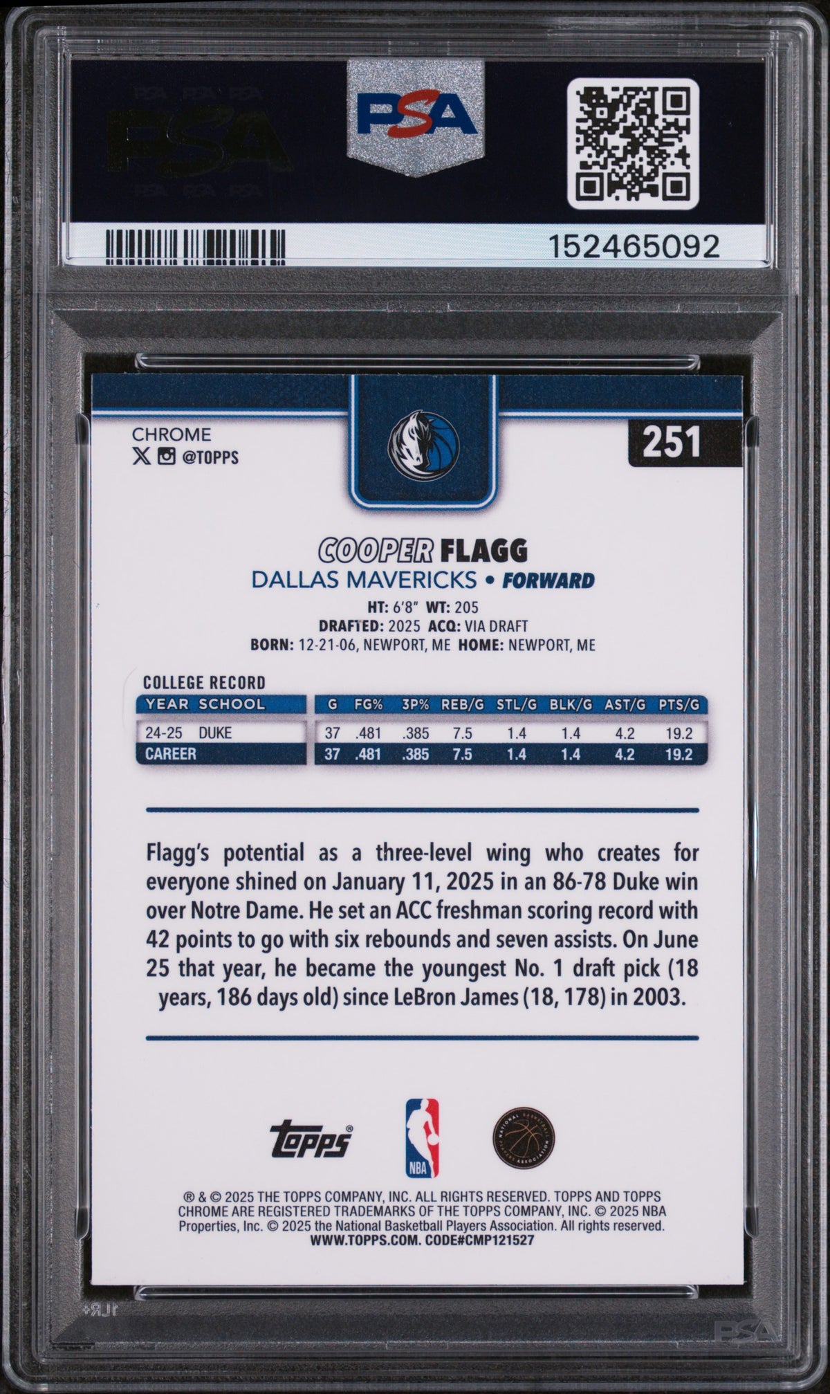 2025 Topps Chrome Cooper Flagg 8 PSA #251