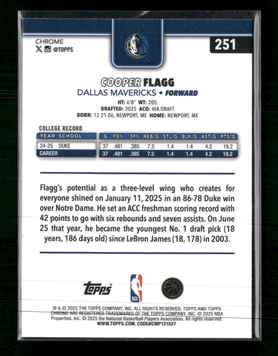2025-26 Topps Chrome Cooper Flagg RC #251