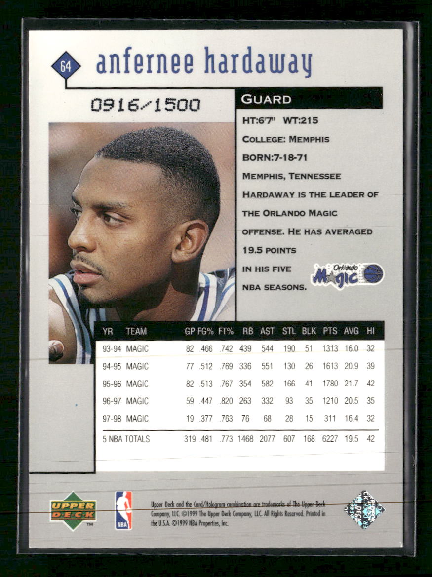1998-99 Upper Deck Black Diamond Triple Diamond Anfernee Hardaway #/1500 #64