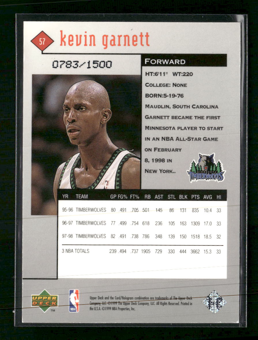 1998-99 Upper Deck Black Diamond Triple Diamond Kevin Garnett #/1500 #57