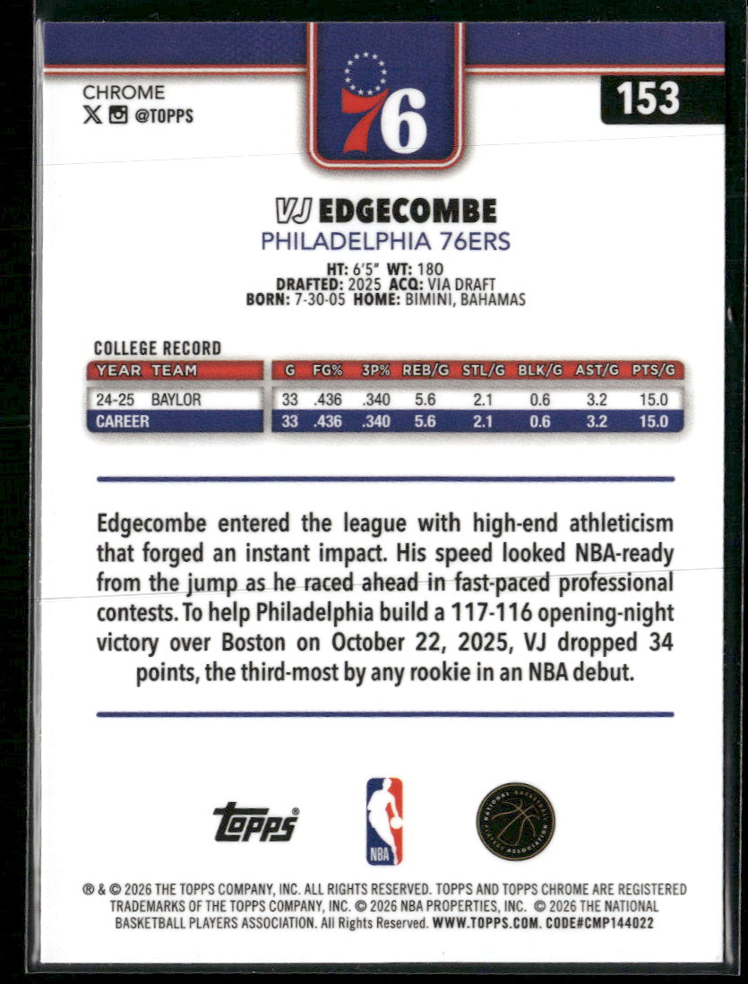 2025-26 Topps Chrome Update X-Fractor VJ Edgecombe RC #153