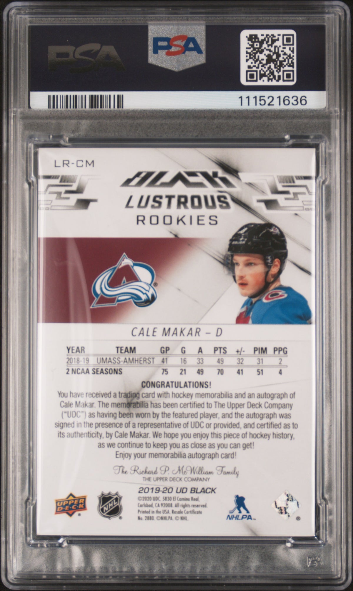2019 Spx Ud Black Lustrous Clarity Rookie Auto Patch Cale Makar 9 AU PSA #LR-CM