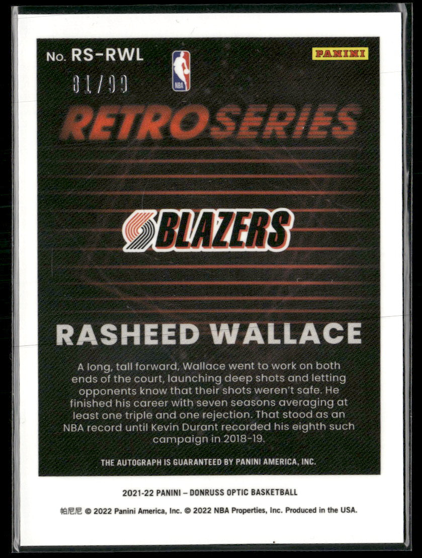 2021-22 Donruss Optic Retro Series Signatures Rasheed Wallace #/99 AU #RS-RWL