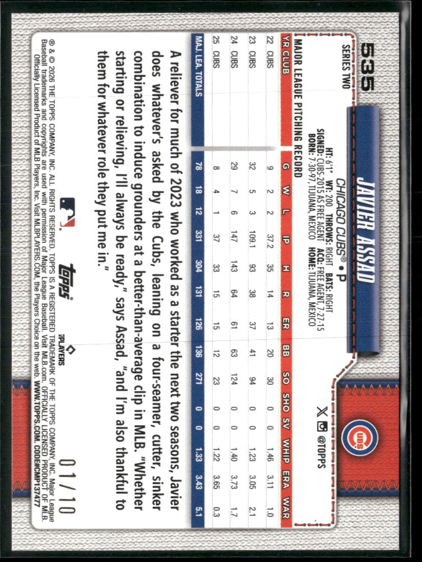 2026 Topps Black Sandglitter Javier Assad #/10 #535