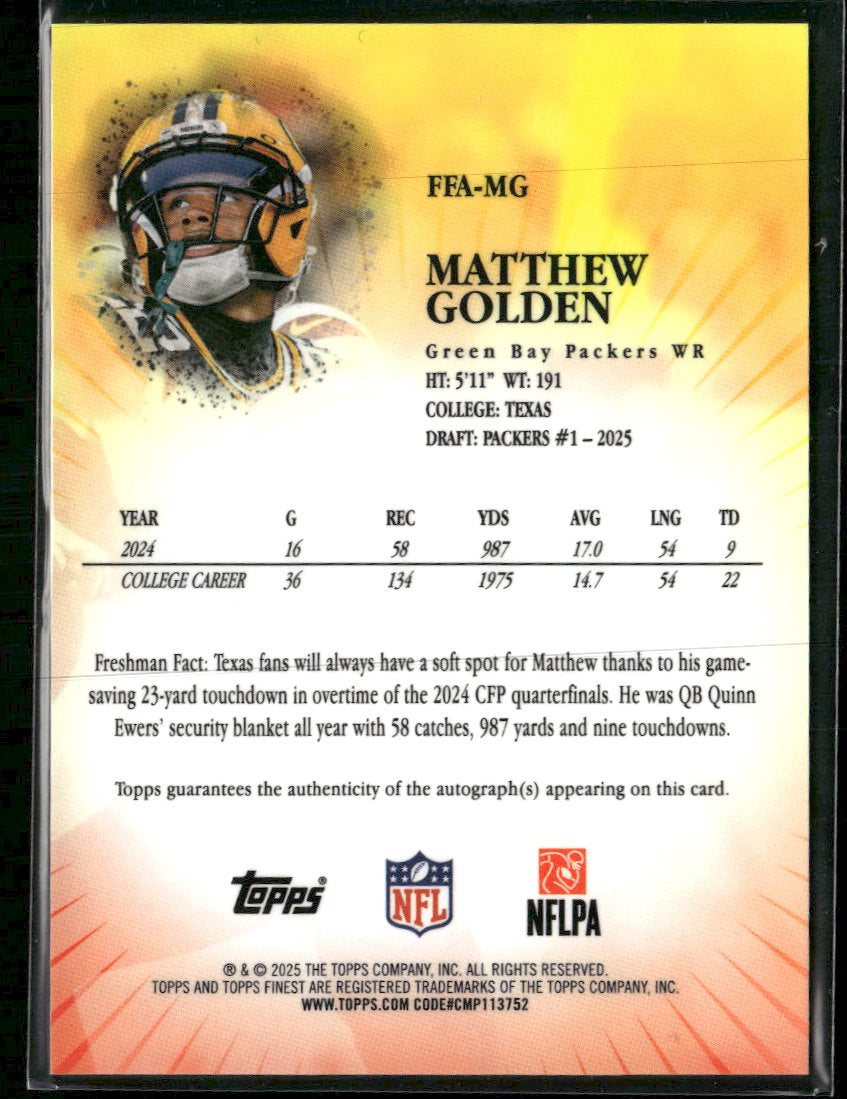 2025 Finest Finest Freshman Au Orange Refractor Matthew Golden #/25 AU #FFA-MG