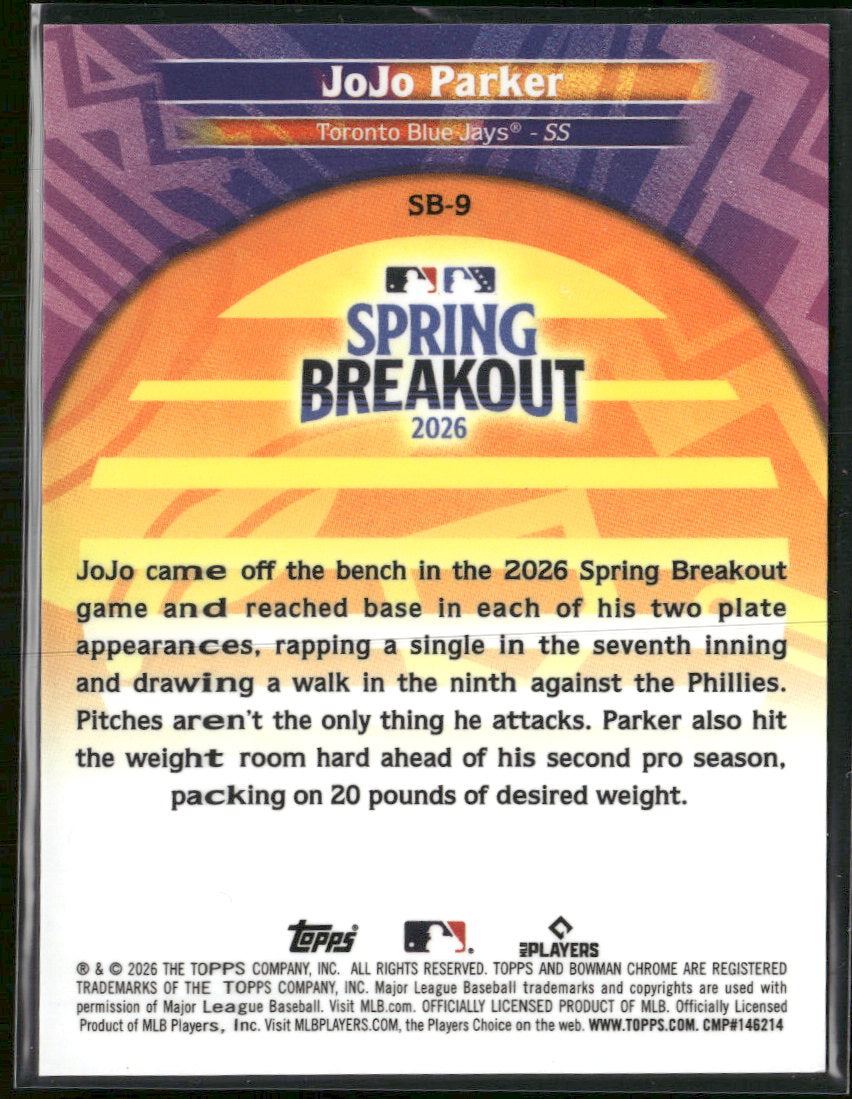 2026 Bowman Chrome Spring Breakout 2026 Mojo Refractor JoJo Parker /150 #SB-9