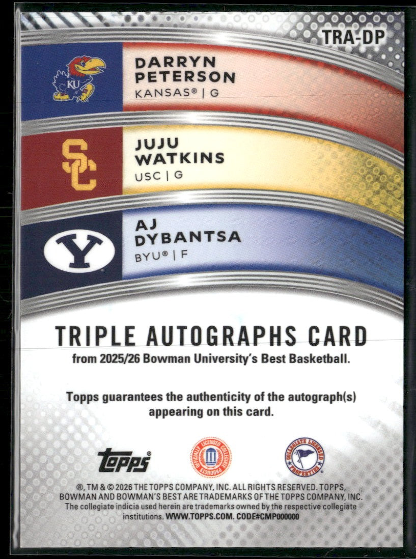 2025-26 Bowman's Best University Triple Autographs Juju Watkins / AJ Dybantsa / Darryn Peterson #/25 AU #TRA-DP
