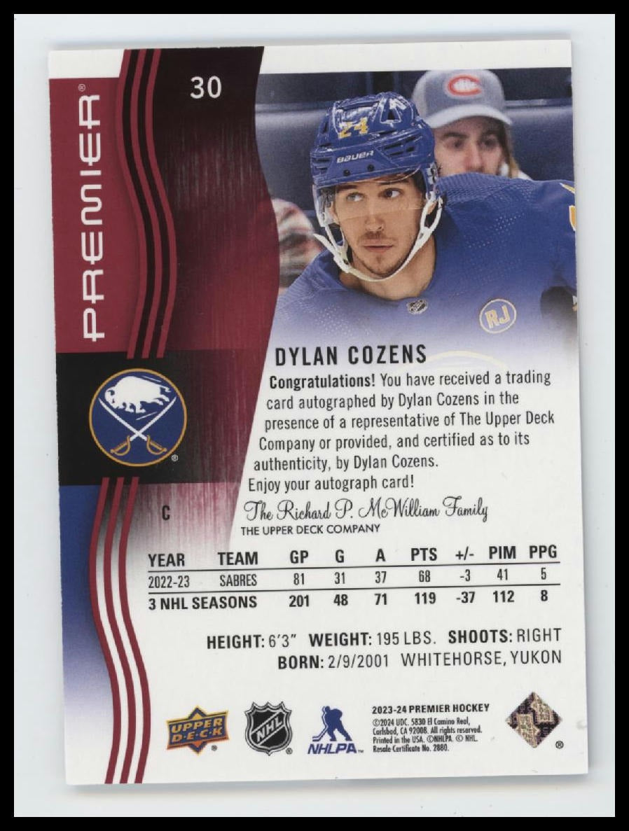 2023-24 Upper Deck Premier Auto Dylan Cozens #30
