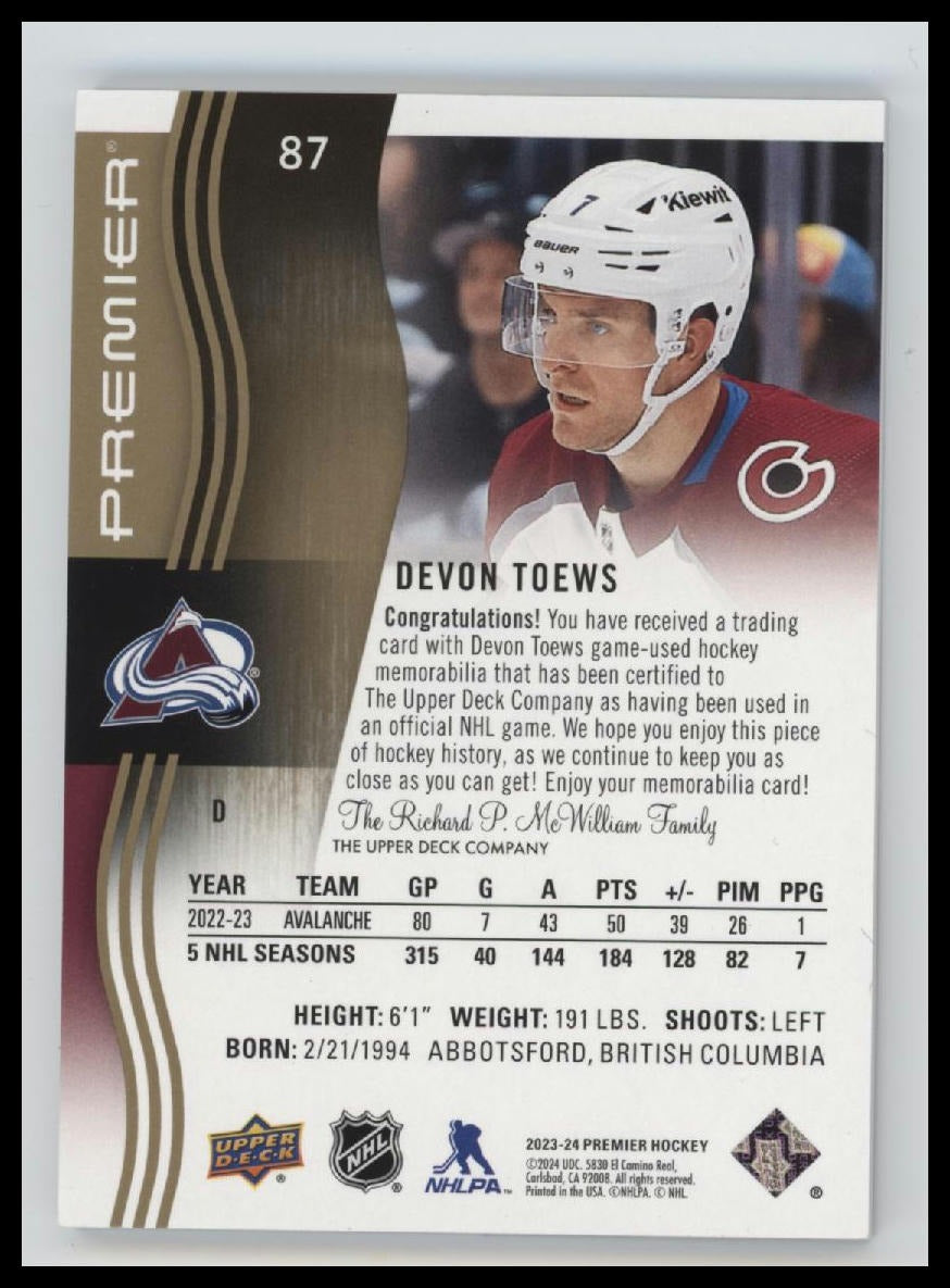2023-24 Upper Deck Premier Memorabilia Premium Devon Toews #/25 #87