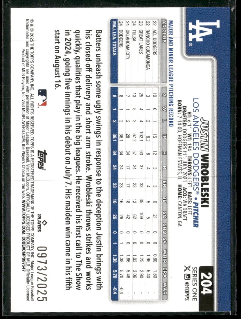 2025 Topps Gold Justin Wrobleski #/2025 #204