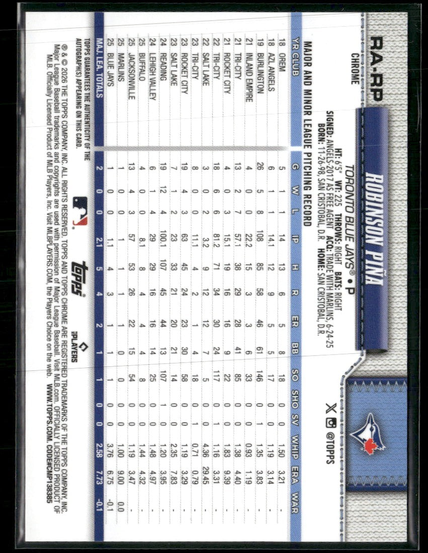 2026 Topps Chrome Retail Rookie Auto White Refractor Robinson Piña #/30 #RA-RP