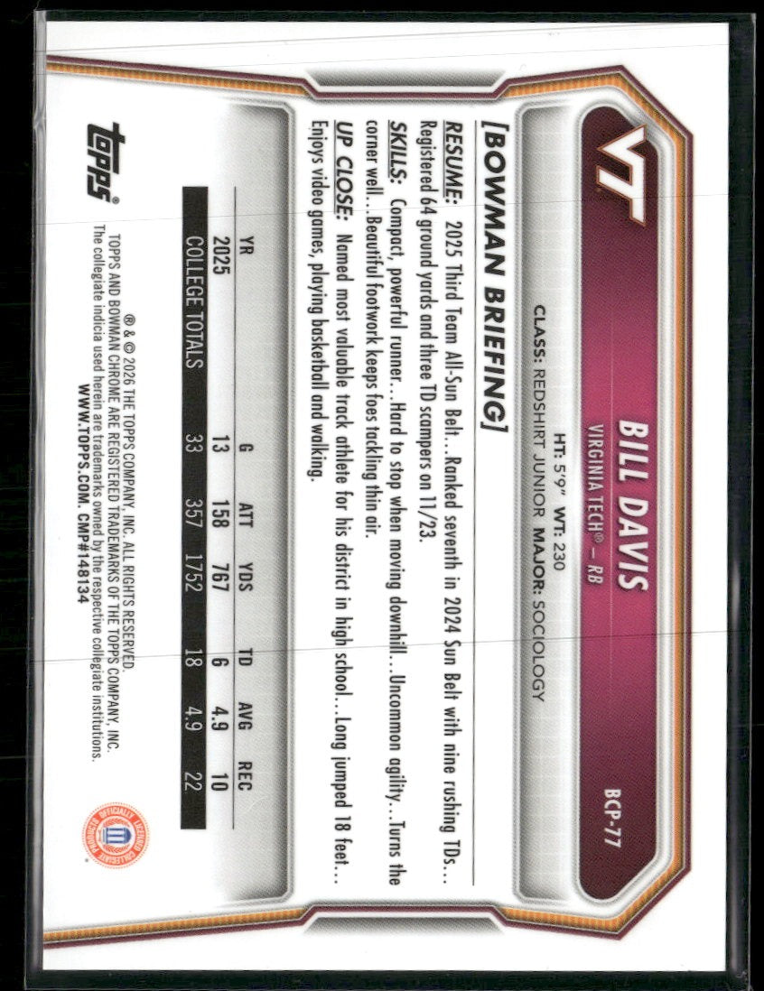 2026 Bowman Chrome Prospects Gold Refractor Bill Davis #/50 #BCP-77