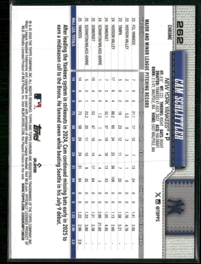 2026 Topps Chrome Baseball Seams Refractor Cam Schlittler RC #262