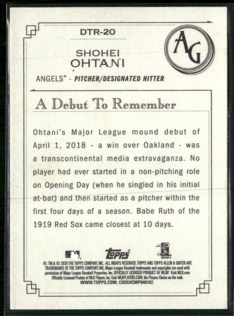2020 Topps Allen & Ginter A Debut to Remember Shohei Ohtani #DTR-20