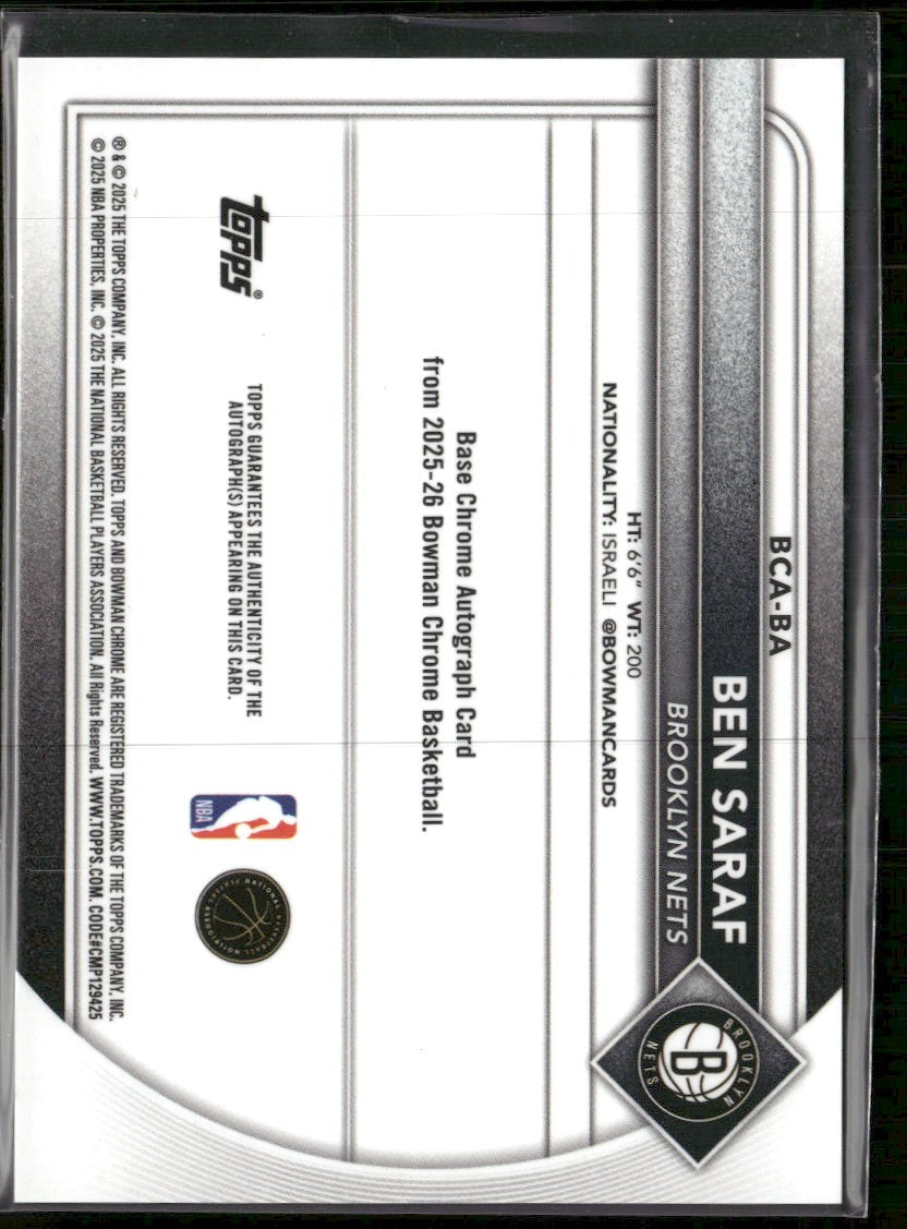 2025-26 Bowman Chrome Autographs Green Mojo #/99 Ben Saraf AU #BCA-BA