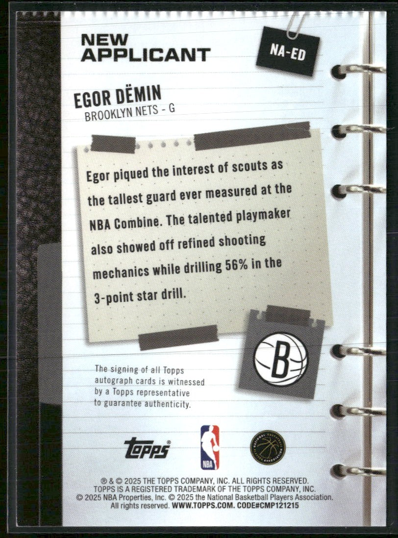 2025-26 Topps New Applicants Autographs Egor Dëmin AU #NA-ED