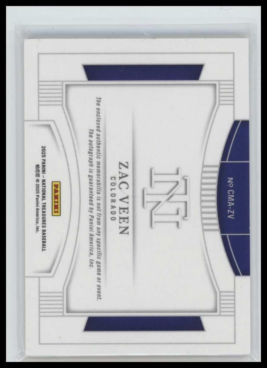 2025 Panini National Treasures Colossal Material AU Zac Veen #/99 AU #CMA-ZV