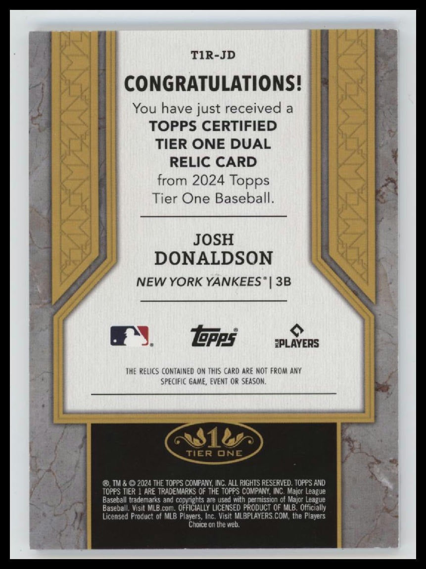 2024 Topps Tier One Tier One Relics Dual Patch Josh Donaldson #/25 #T1R-JD