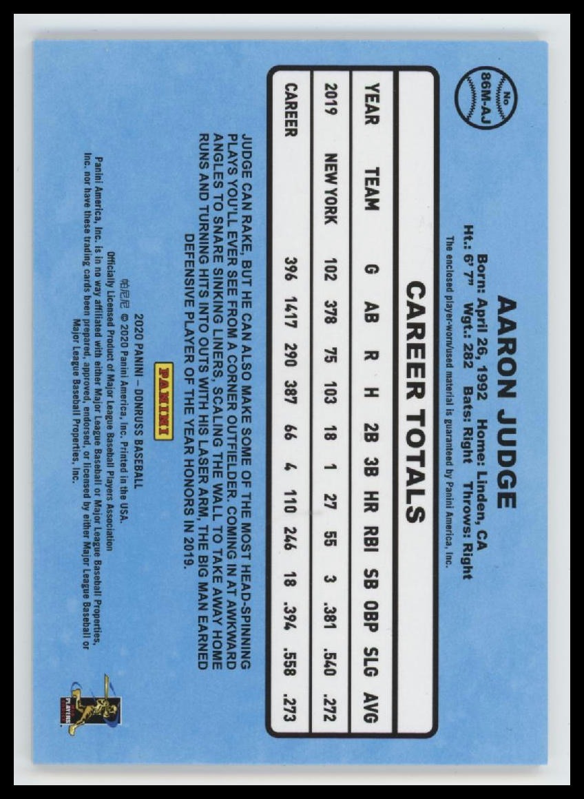2020 Donruss Retro 1986 Materials Aaron Judge #86M-AJ