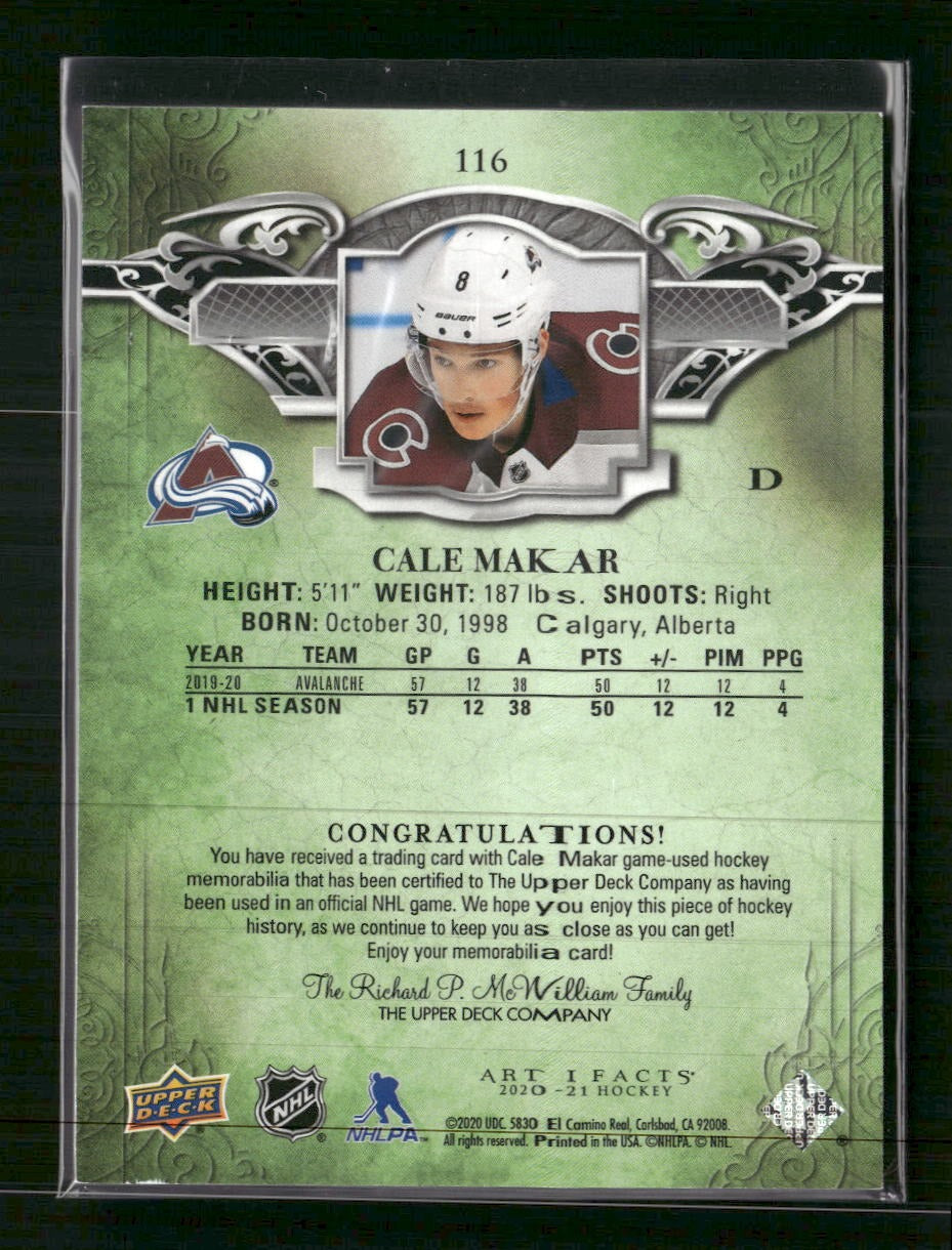 2020-21 Upper Deck Artifacts Material Gold Cale Makar #/145 #116