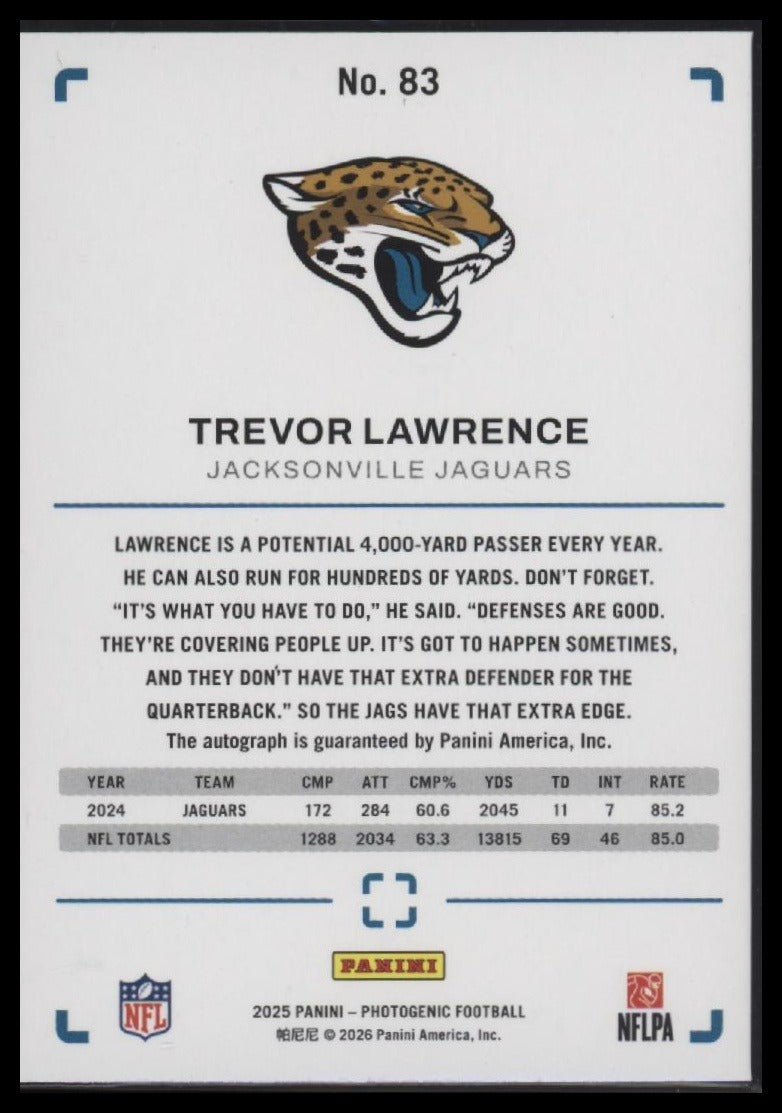 2025 Panini Photogenic Autographs Green Trevor Lawrence #/25 AU #83
