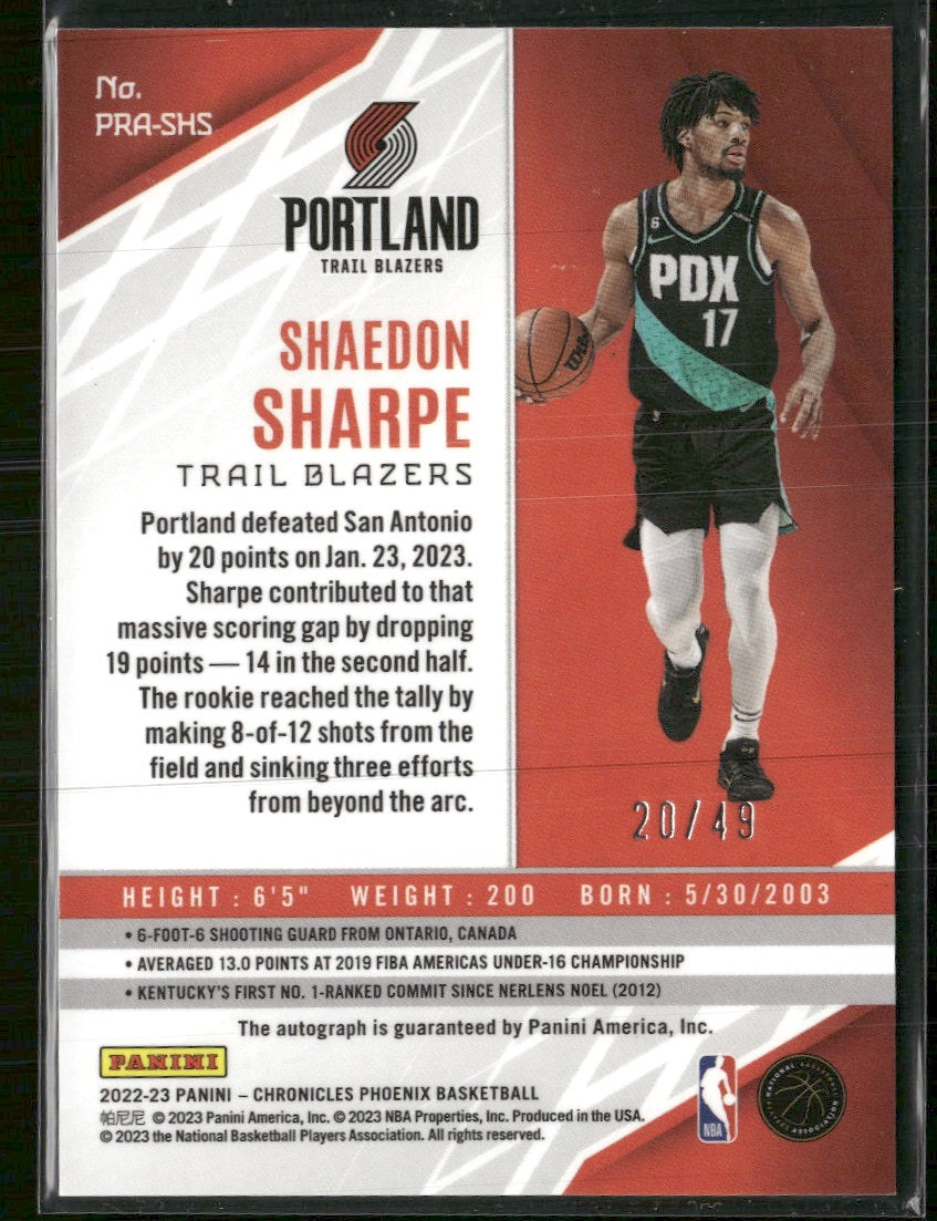 2022-23 Panini Chronicles Phoenix Rookie Auto Purple Shaedon Sharpe AU #PRA-SHS