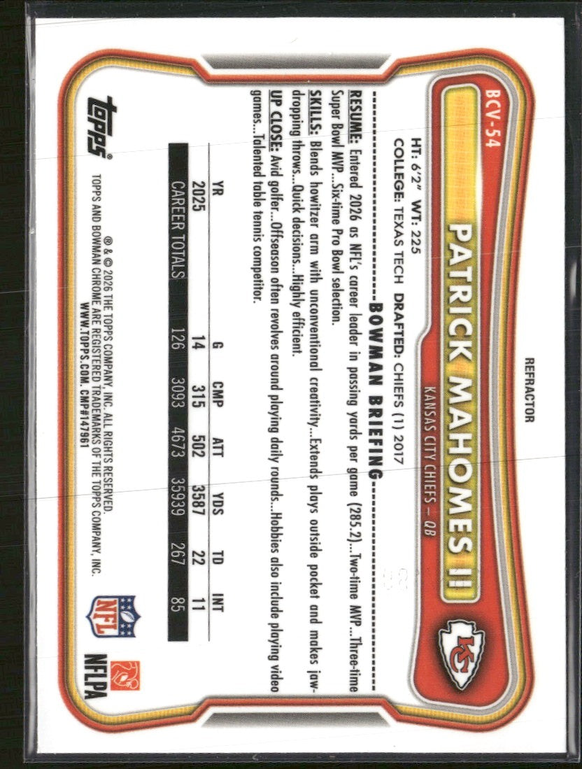 2026 Bowman Chrome Refractor Patrick Mahomes II #/499 #BCV-54