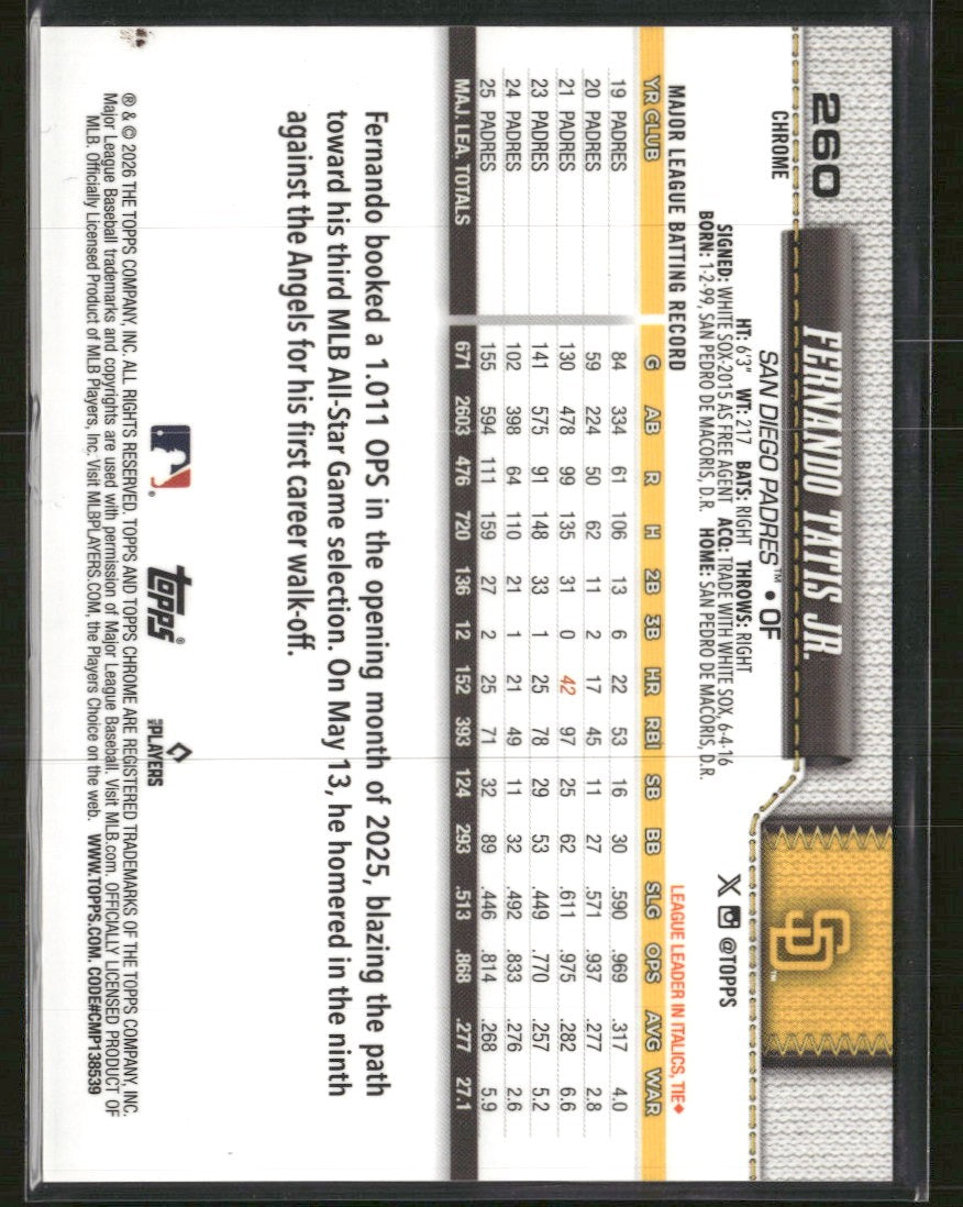 2026 Topps Chrome Black Raywave Refractor Fernando Tatis Jr. #/10 #260