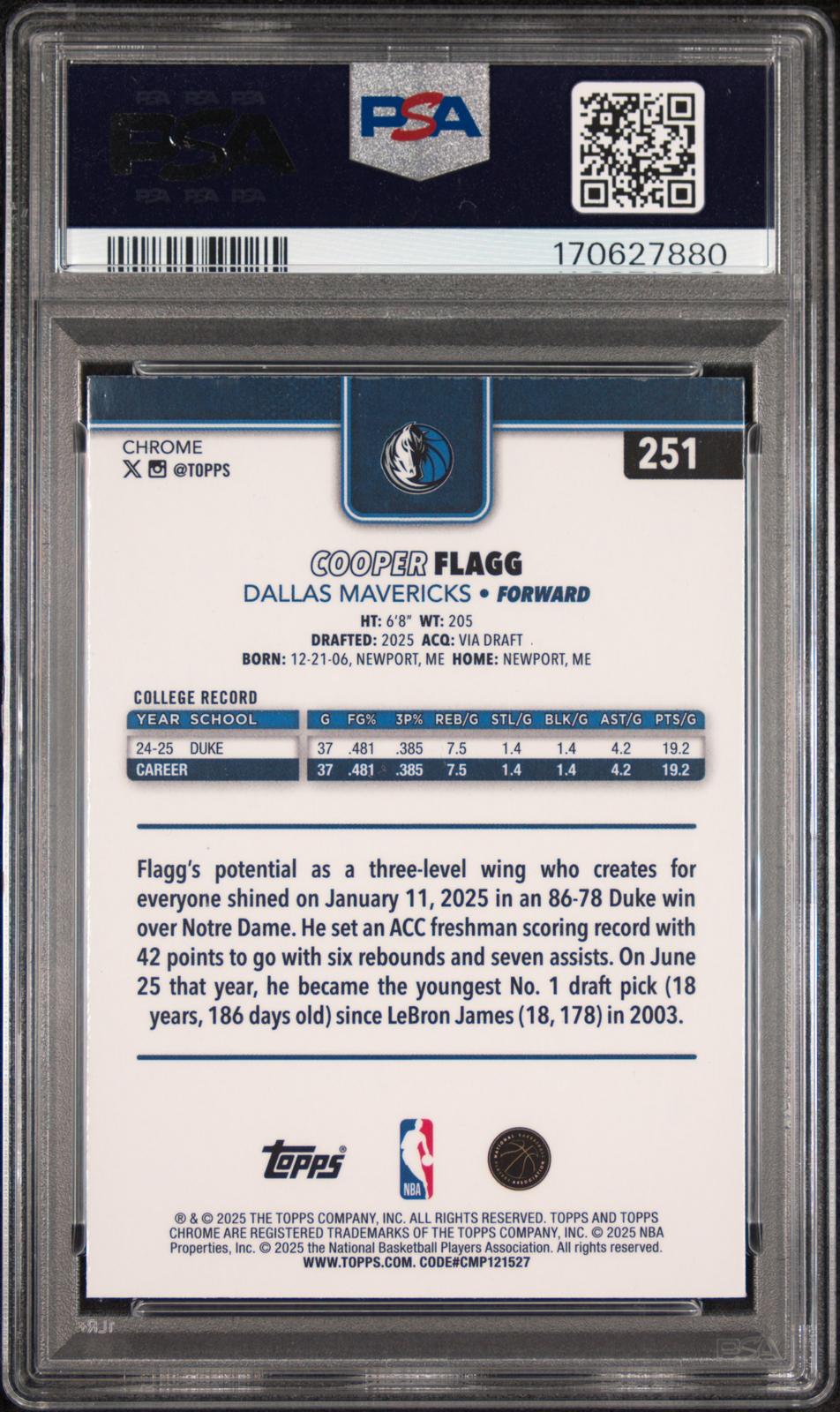 2025 Topps Chrome Cooper Flagg 10 PSA #251
