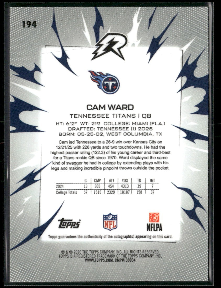 2025 Topps Resurgence Signatures Black & White Refractor Cam Ward #/375 AU #194