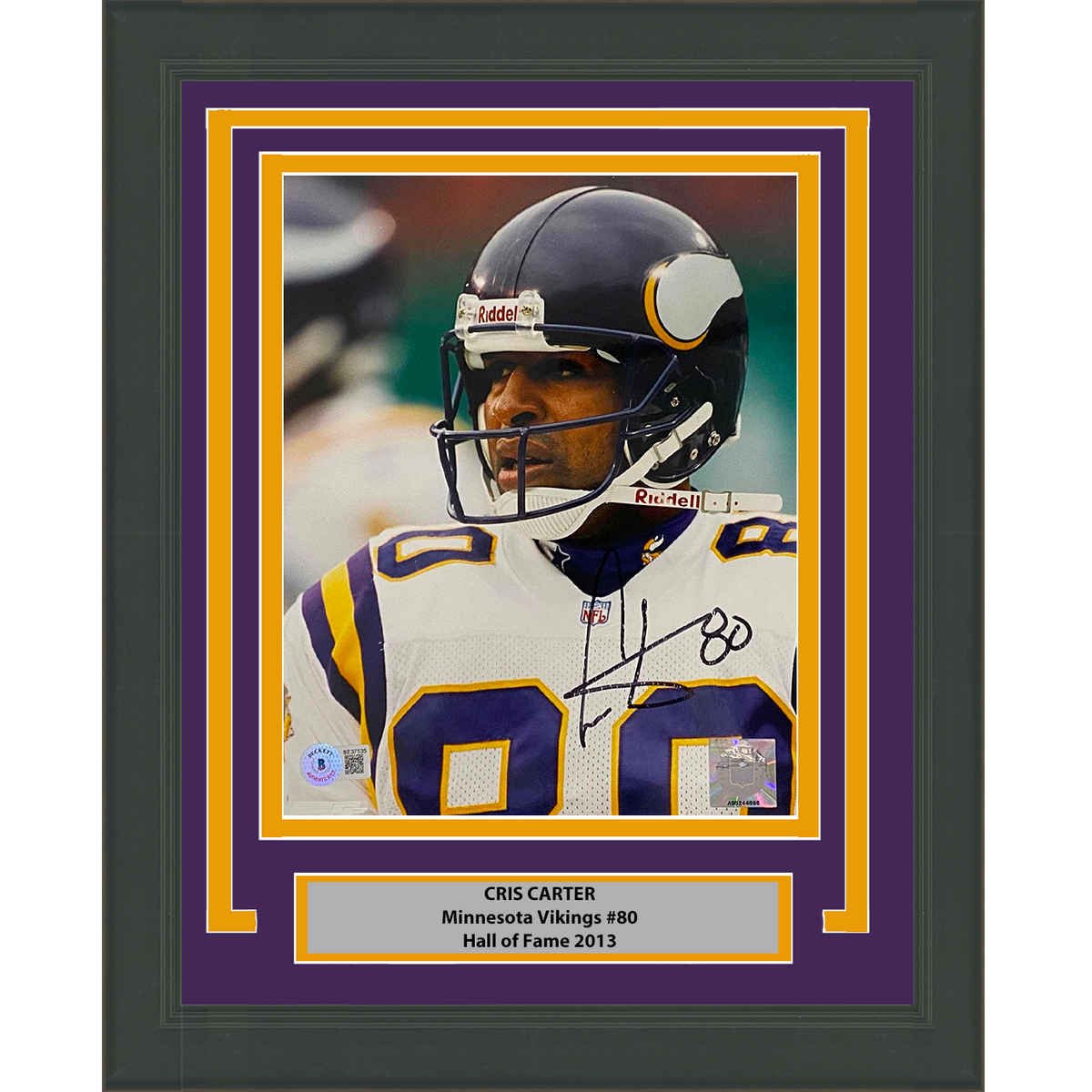 Framed Autographed/Signed Cris Carter Minnesota Vikings 8x10 Football Photo Beckett BAS COA #1