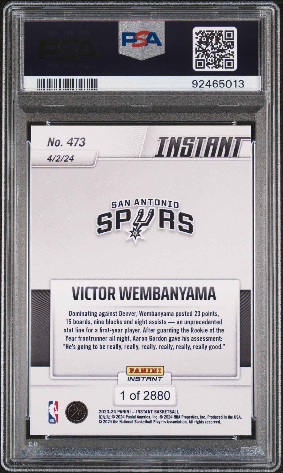 Graded 2023 Panini Instant Victor Wembanyama #473 Rookie RC Basketball Card PSA 9 Mint