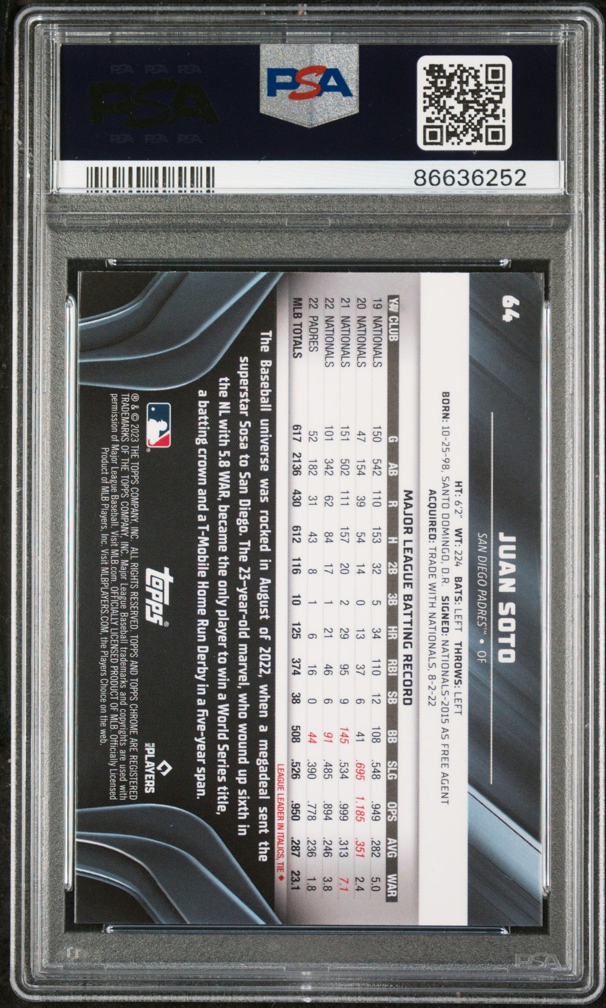 2023 TOPPS CHROME BLACK JUAN SOTO #64 - PSA 10