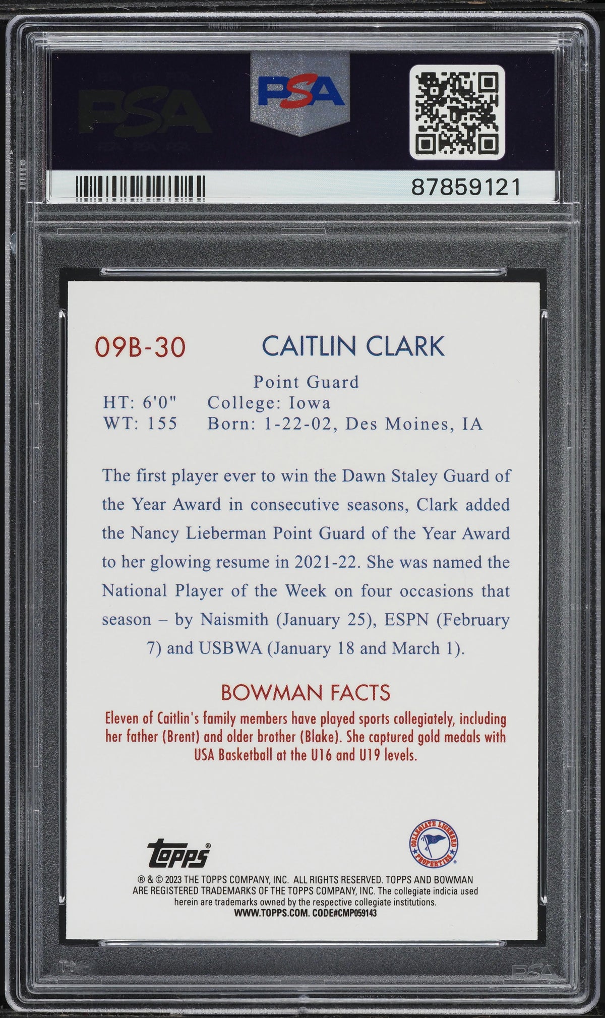 Graded 2022 Topps Bowman University Caitlin Clark #09B30 Rookie RC Basketball Card PSA 8 Near Mint