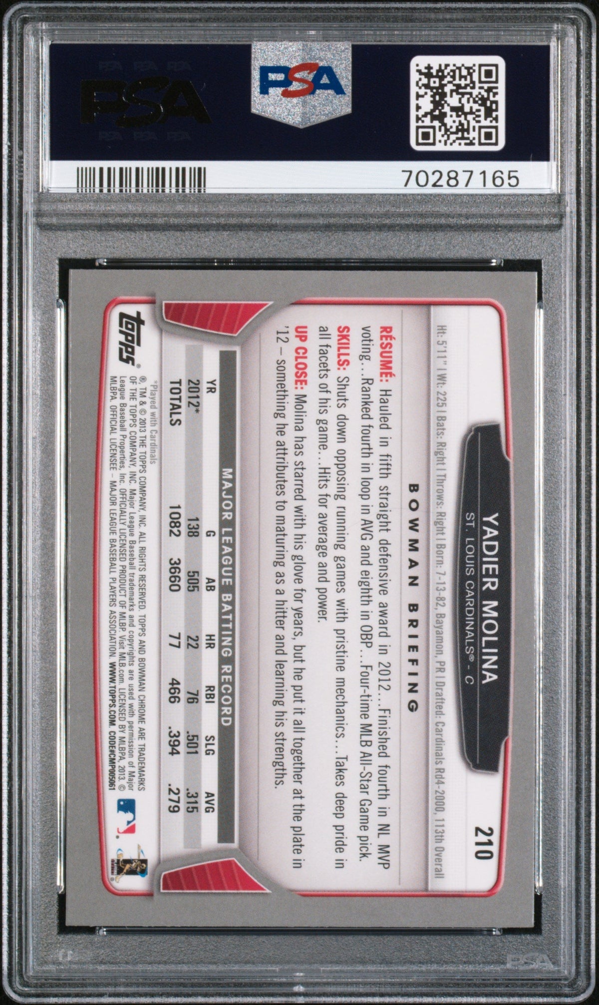 2013 BOWMAN CHROME YADIER MOLINA #210 - PSA 10