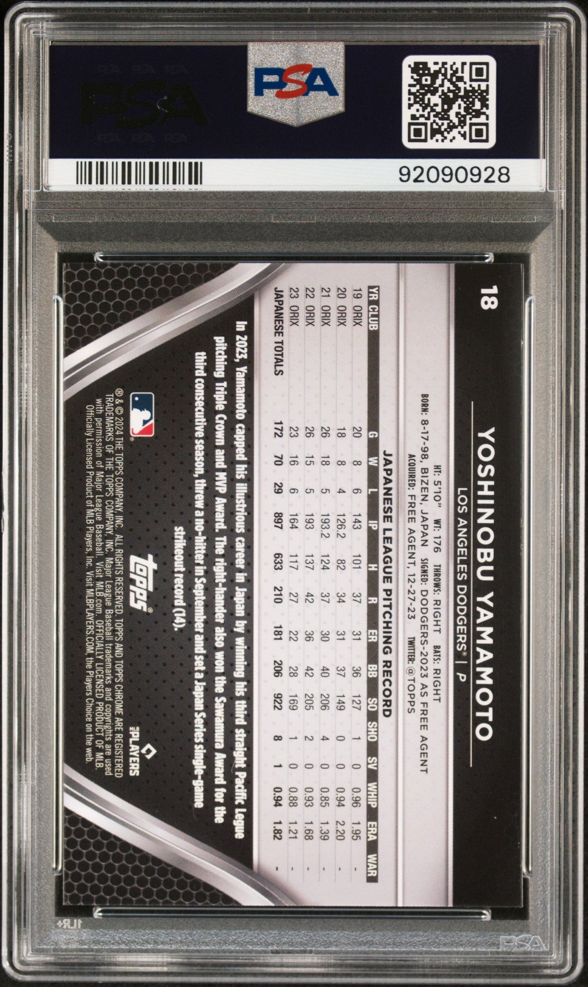 Graded 2024 Topps Chrome Black Yoshinobu Yamamoto #18 Rookie RC Baseball Card PSA 10 Gem Mint