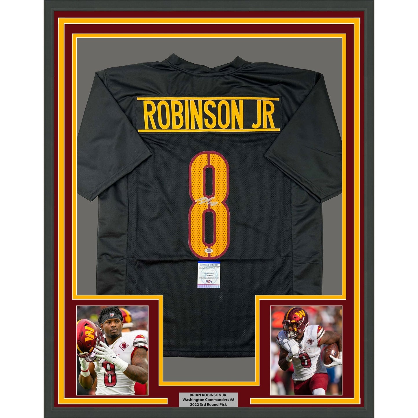 Framed Autographed/Signed Brian Robinson Jr. 35x39 Washington Black Football Jersey PSA/DNA COA
