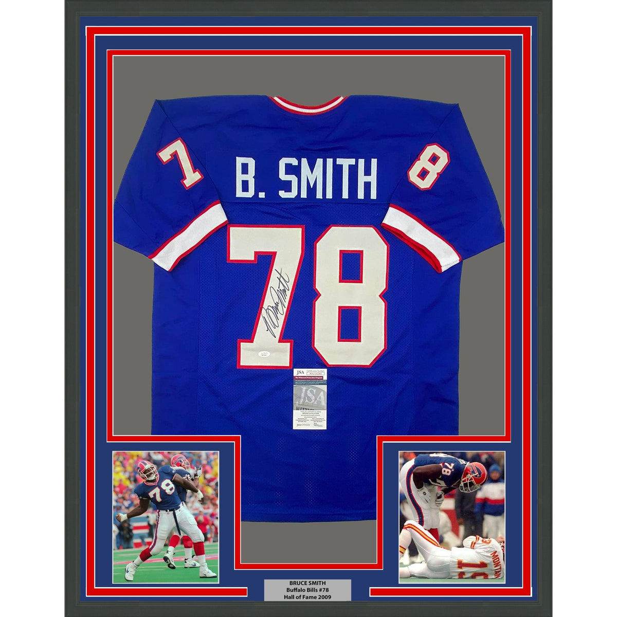 Framed Autographed/Signed Bruce Smith 35x39 Buffalo Blue Football Jersey JSA COA