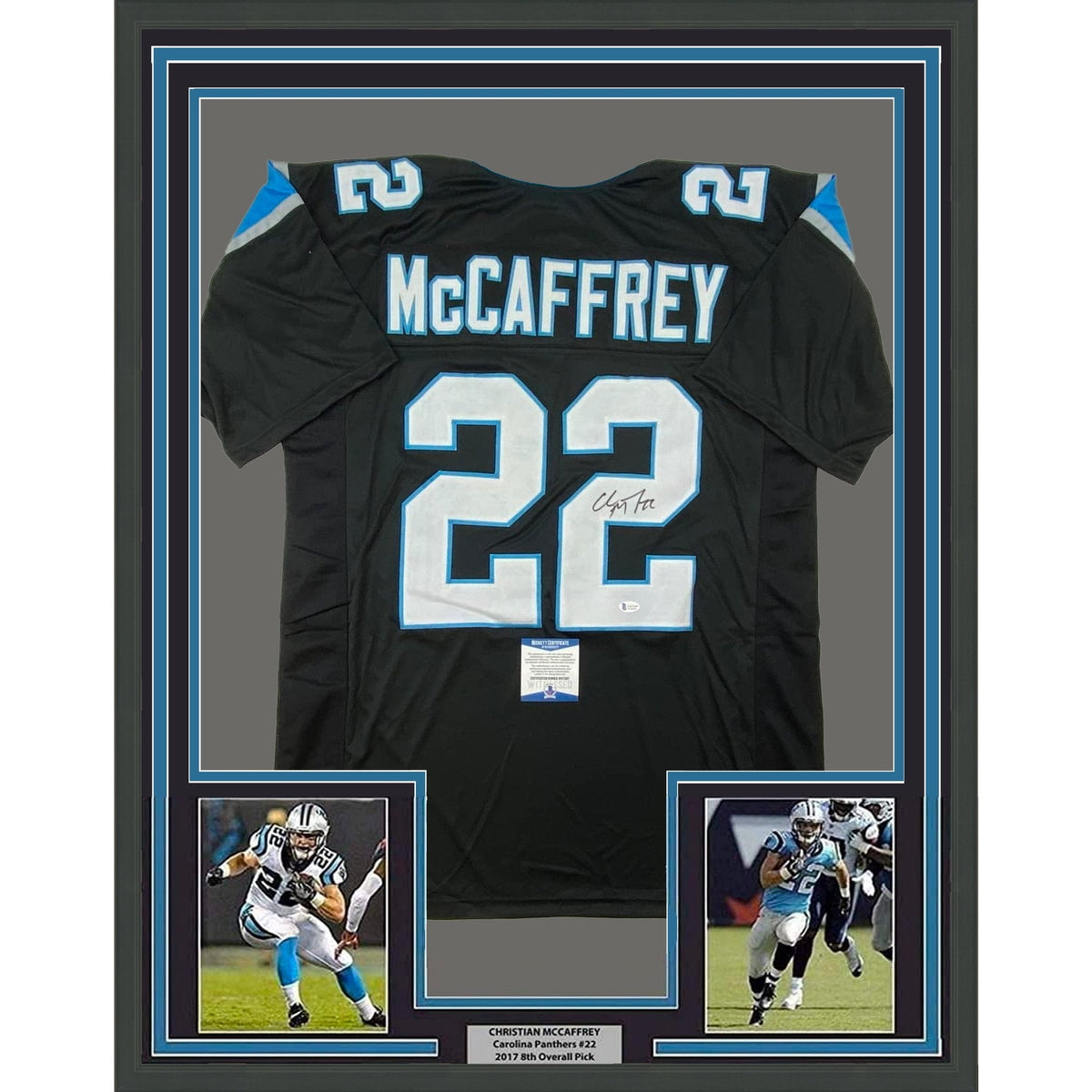 Framed Autographed/Signed Christian McCaffrey 35x39 Carolina Black Football Jersey Beckett BAS COA