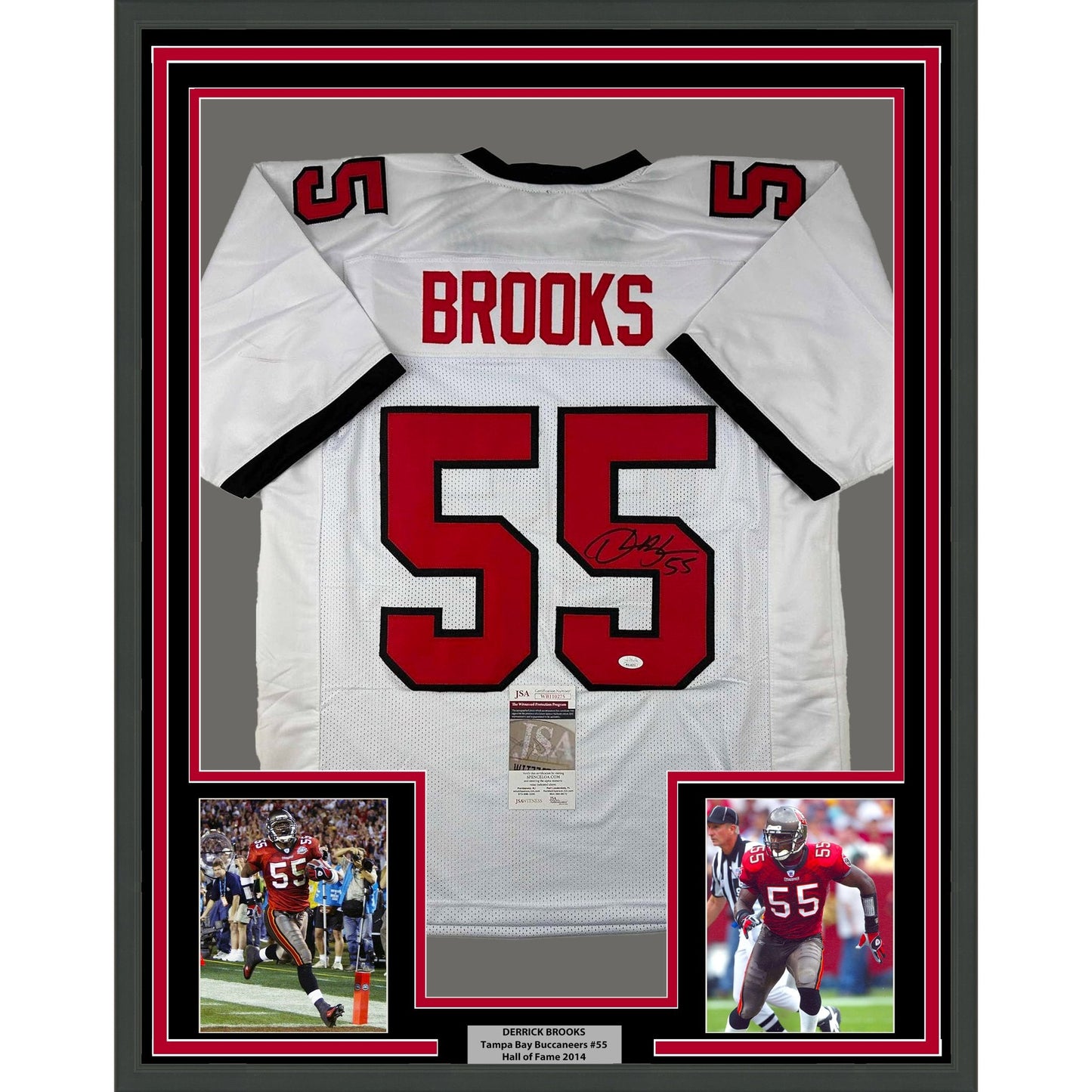 Framed Autographed/Signed Derrick Brooks 35x39 Tampa Bay White Football Jersey JSA COA