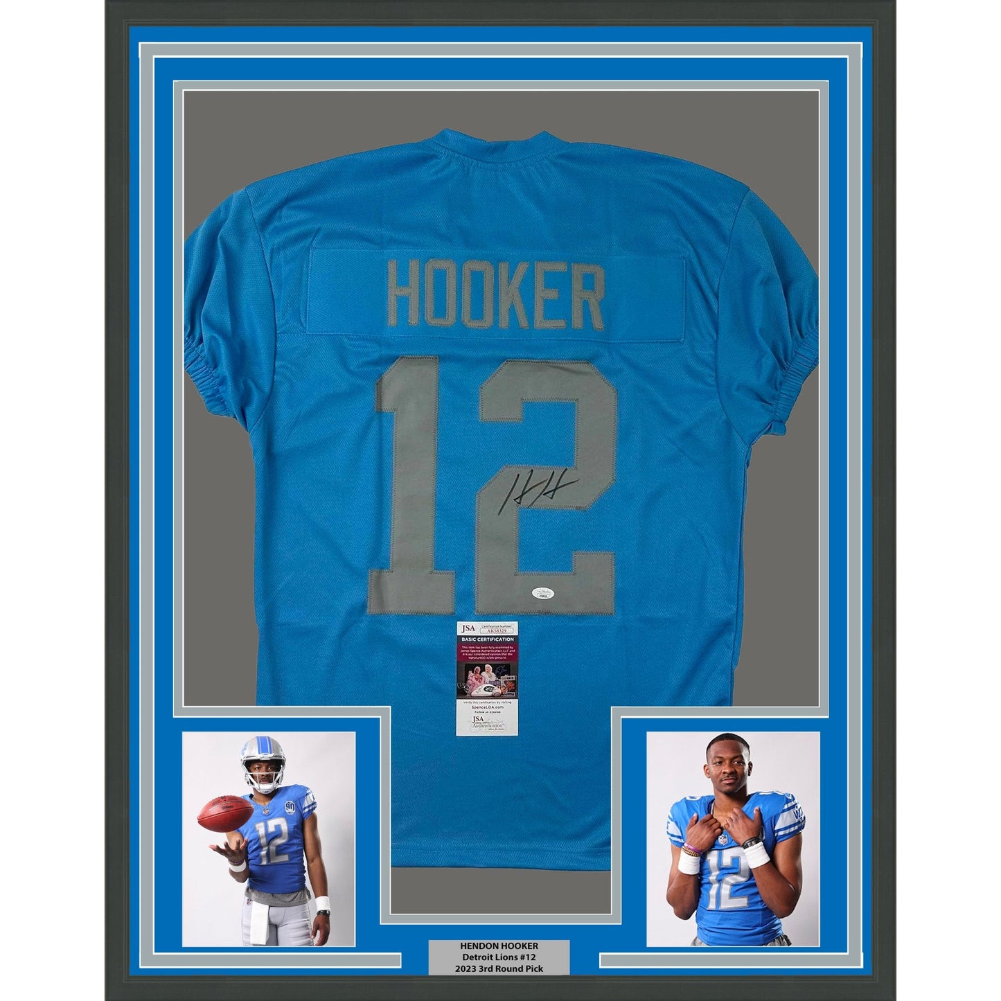 Framed Autographed/Signed Hendon Hooker 35x39 Detroit Retro Blue Football Jersey JSA COA