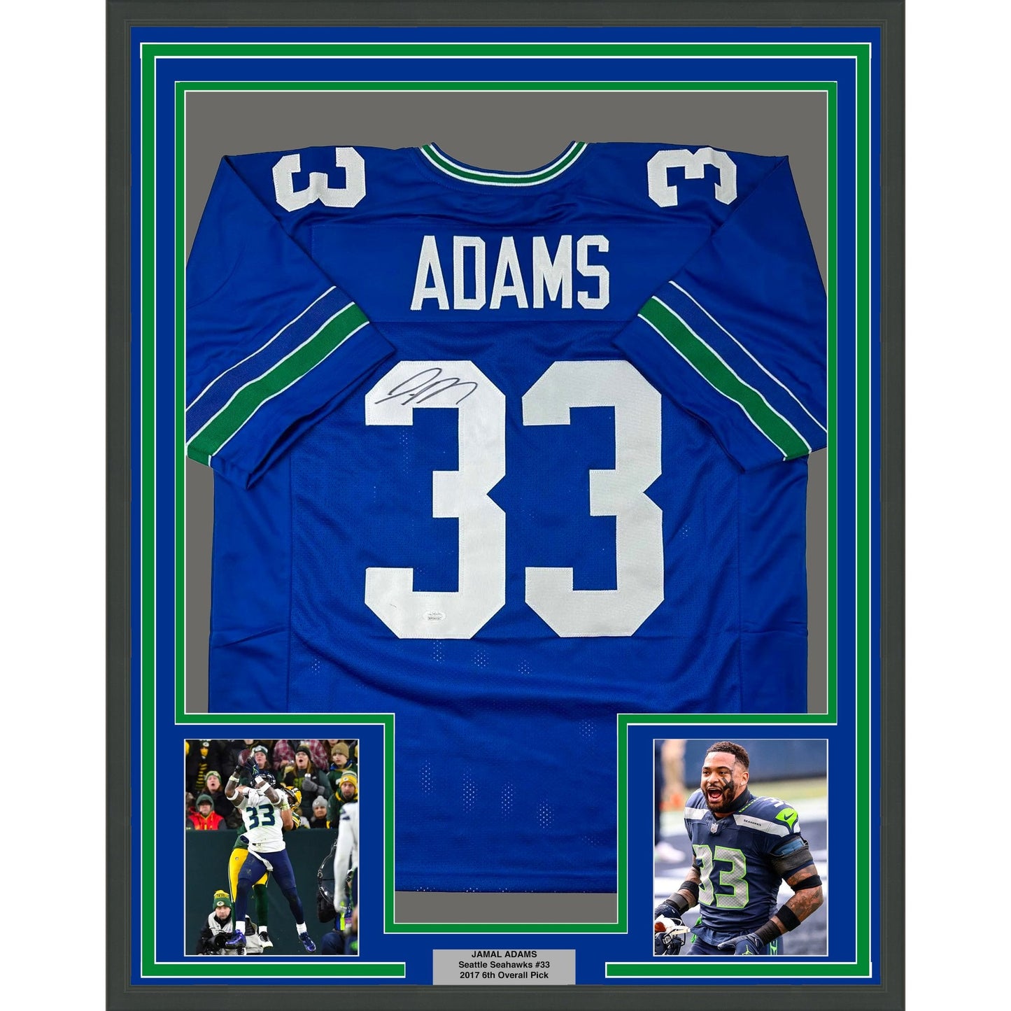 Framed Autographed/Signed Jamal Adams 35x39 Seattle Retro Blue Football Jersey JSA COA