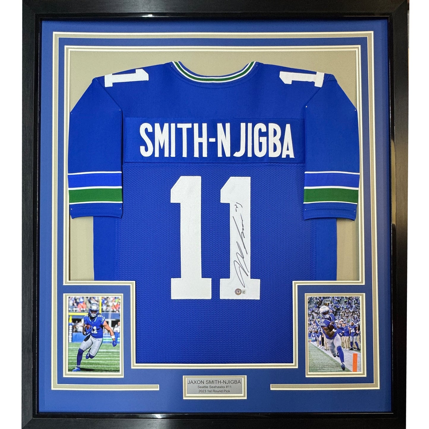 Framed Autographed/Signed Jaxon Smith-Njigba 35x39 Seattle Blue Retro Football Jersey Beckett BAS COA